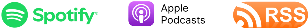 Row of three app icons: Spotify logo on the left, a purple podcast/app icon in the center, and an orange RSS feed icon on the right.